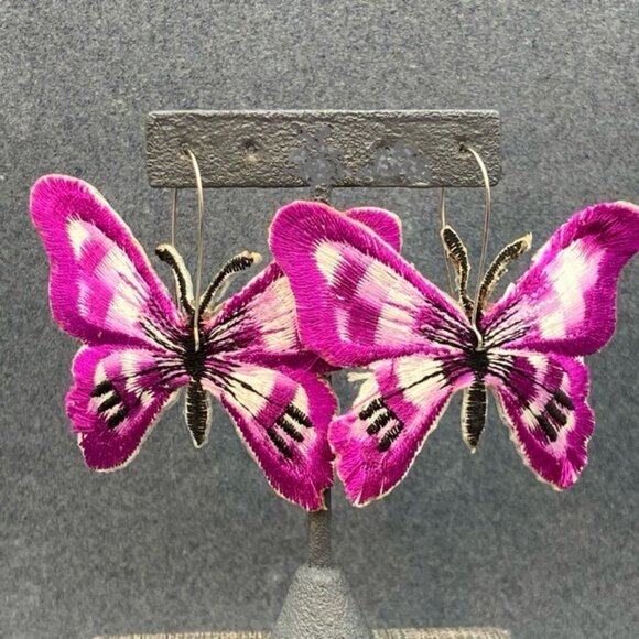 Huge Butterfly Embroidered Earrings 3 In Pierced Pink Black White Statement 80s - Picture 1 of 7